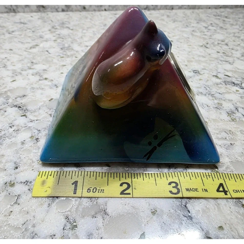 Signed D. Stiles Ceramic Cat Quartz Clock Pyramid Colorful Unique Decor‎